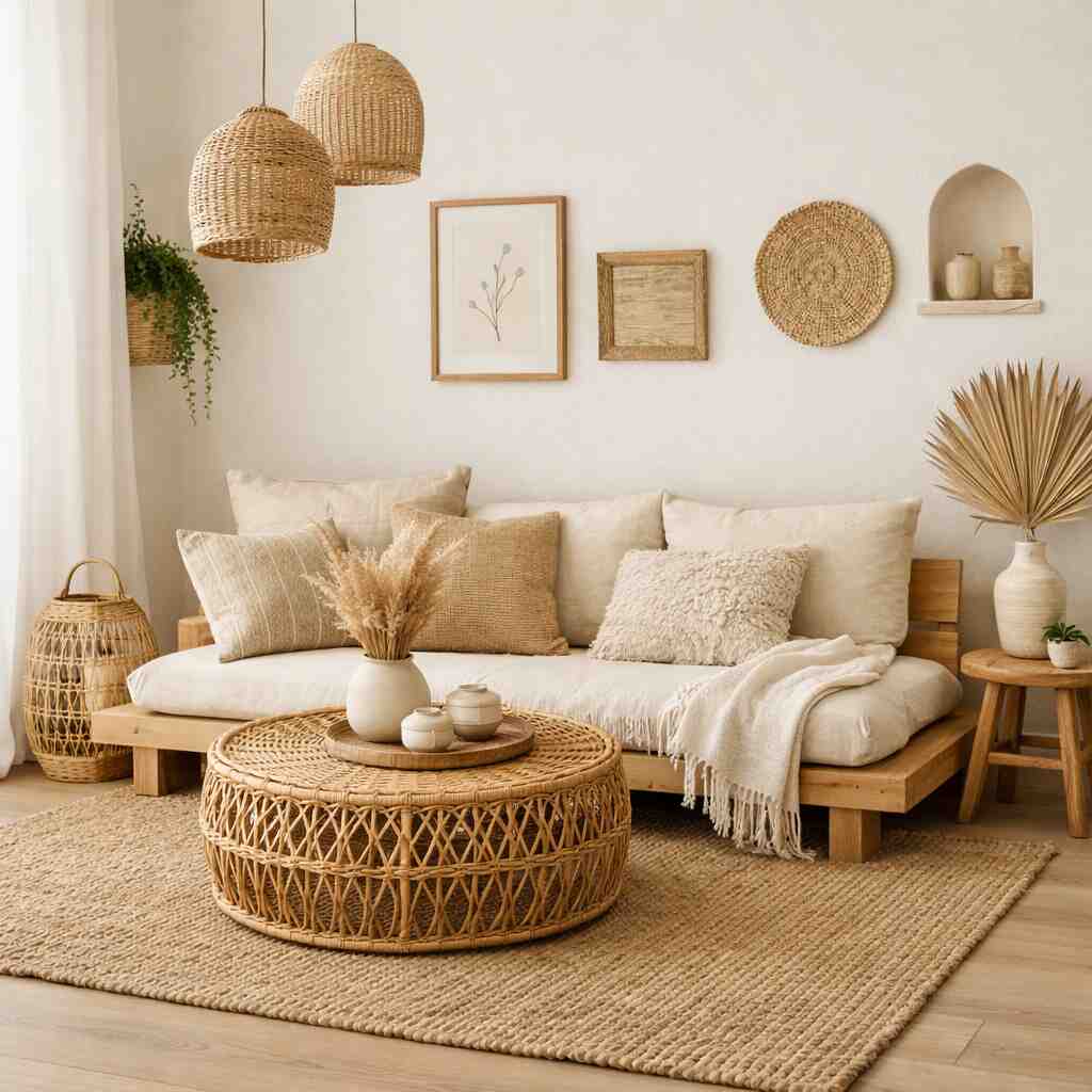Small living room boho decor ideas using low-profile natural furniture