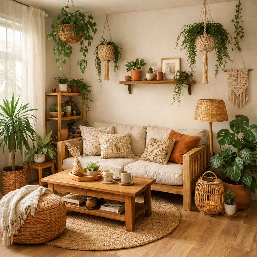 Small living room boho decor ideas with indoor plants