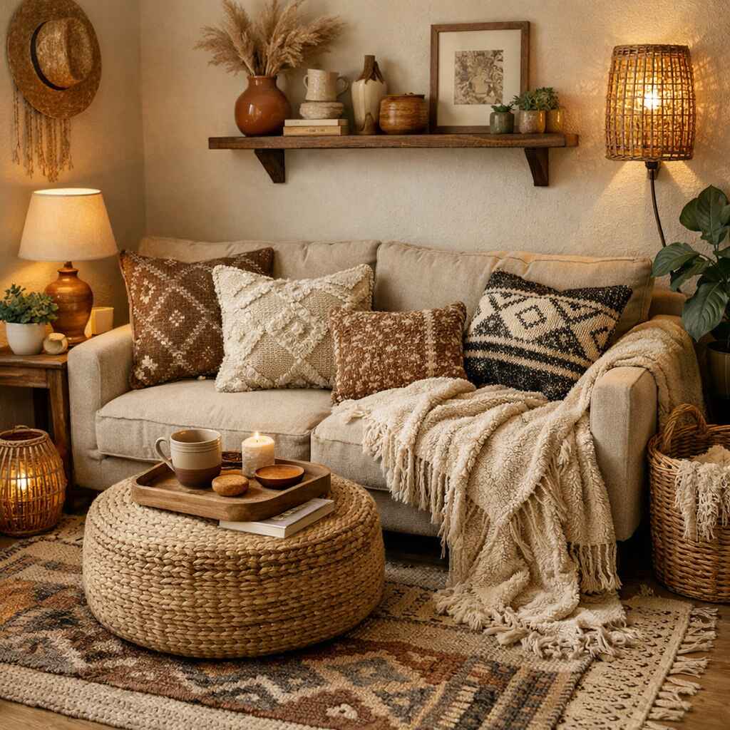 Small living room boho decor ideas with layered rugs and cushions
