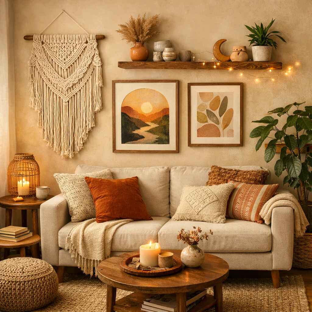 Small living room boho decor ideas with macrame and wall art