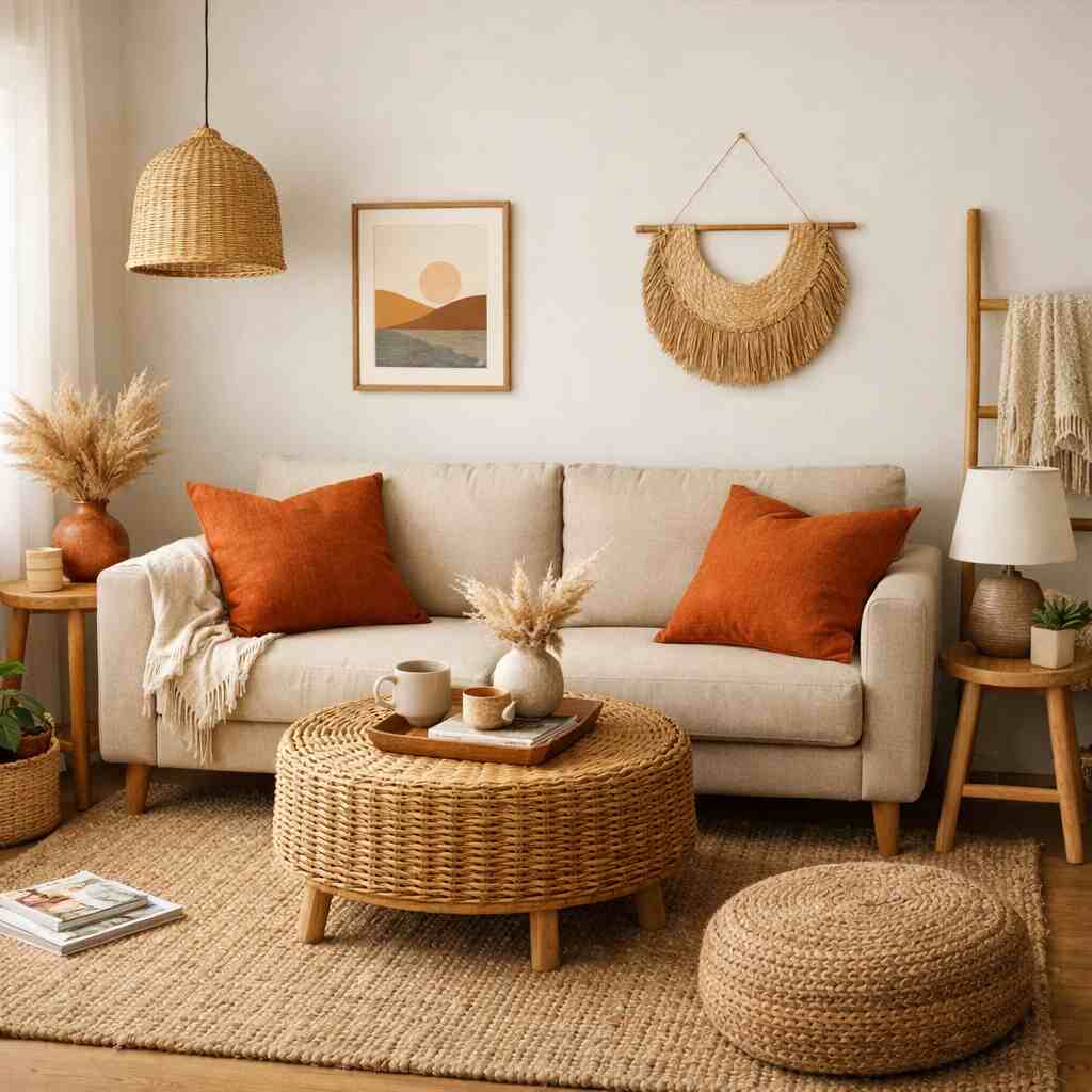 Small living room boho decor ideas with neutral earthy color palette