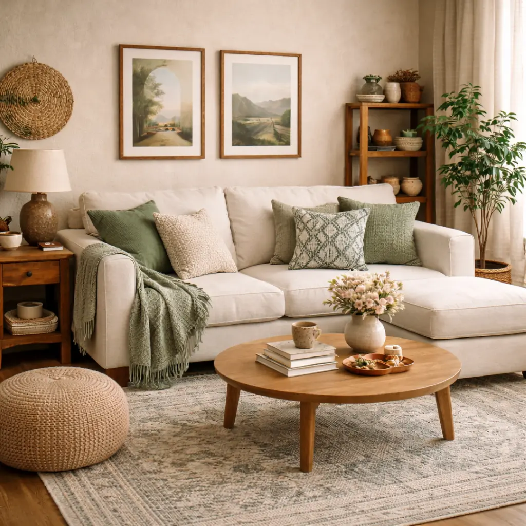 Cozy living room decor ideas with plants and wood accents