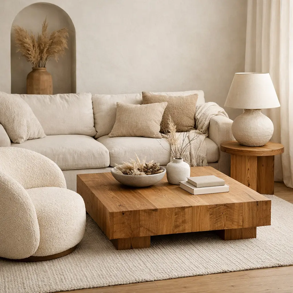 Modern organic home decor ideas with natural wood and soft furniture