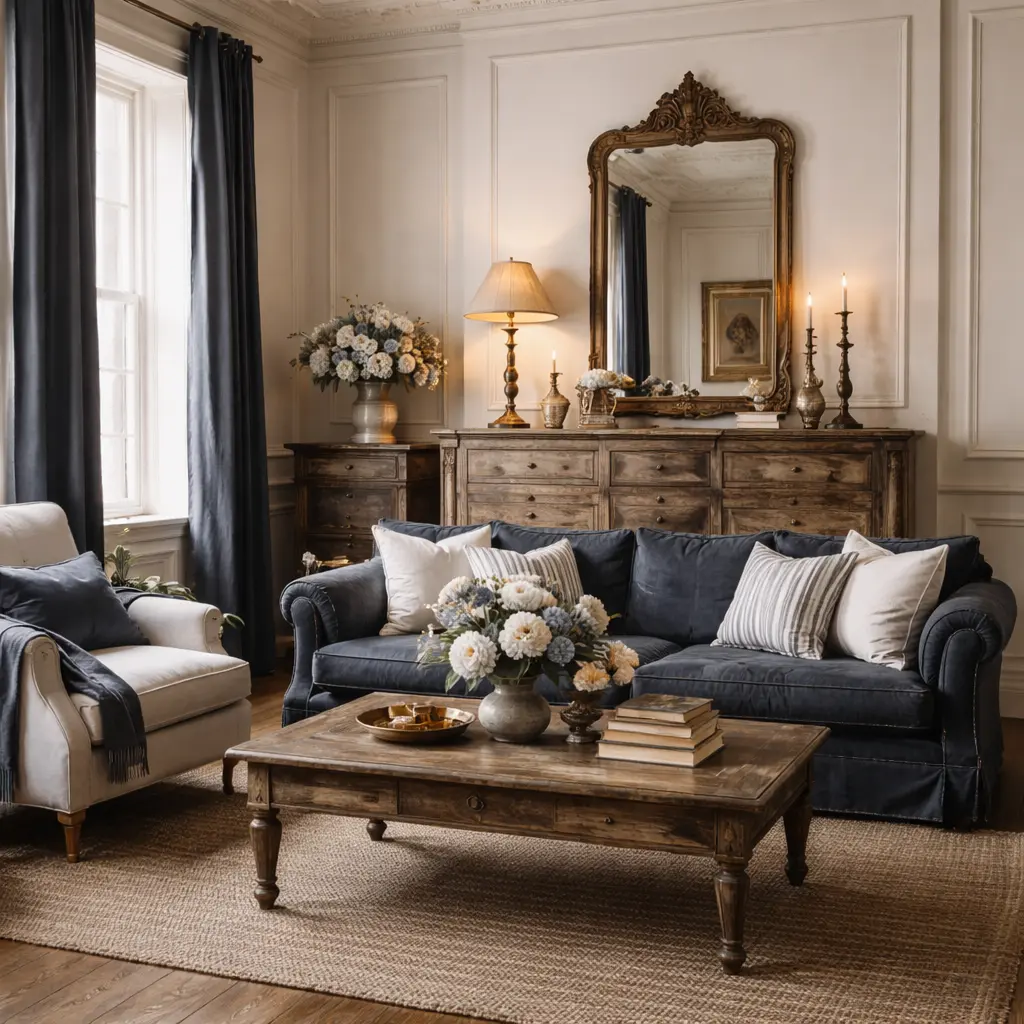 Vintage home decor with antique wooden furniture