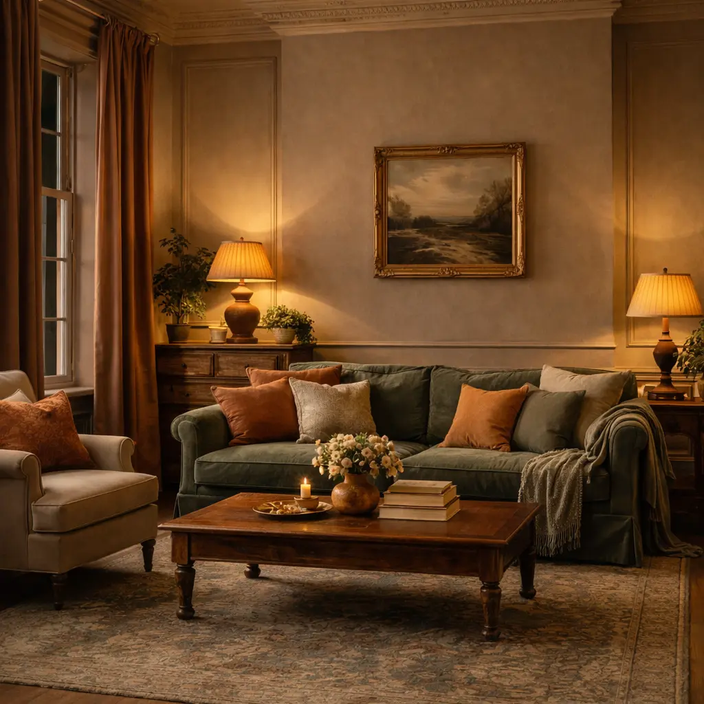 Vintage home decor with warm nostalgic lighting