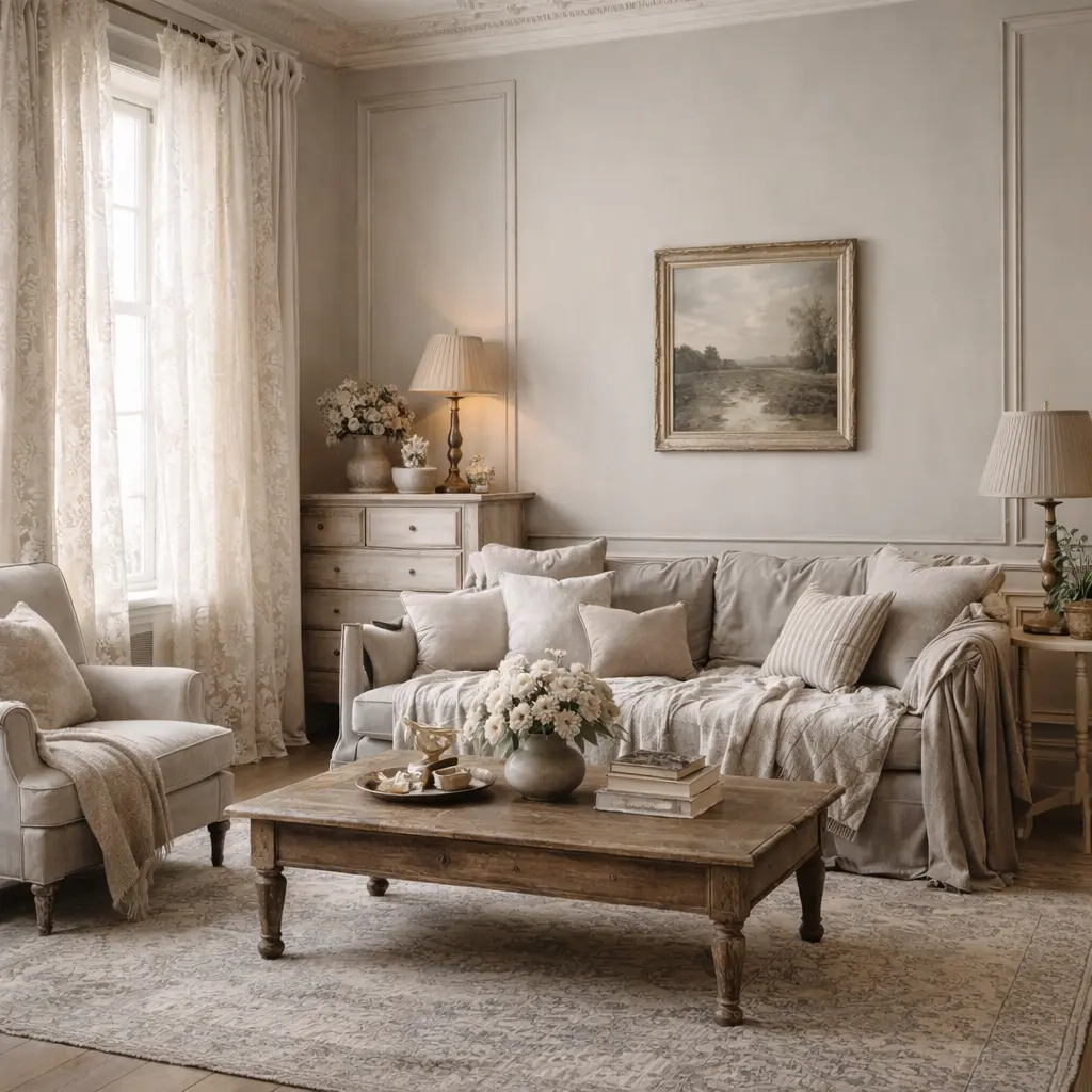 Vintage home decor with layered floral textiles